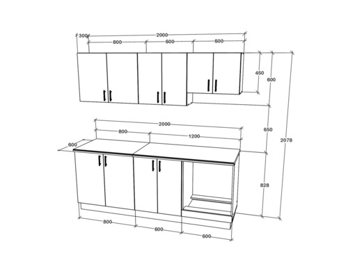 Schiță a unui corp de bucătărie cu dulapuri superioare și inferioare și dimensiuni