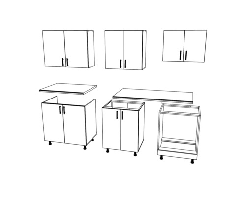 Ilustrație a unui corp de bucătărie cu dulapuri suspendate, dulapuri de bază și blaturi