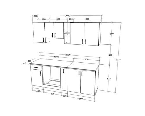 Schiță a unui set de bucătărie cu dimensiuni