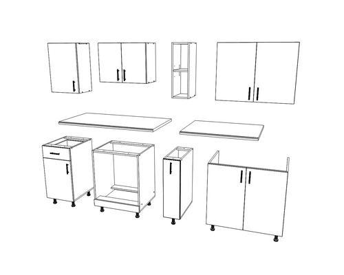 Schiță a unui set de bucătărie cu dulapuri superioare și inferioare, precum și blaturi