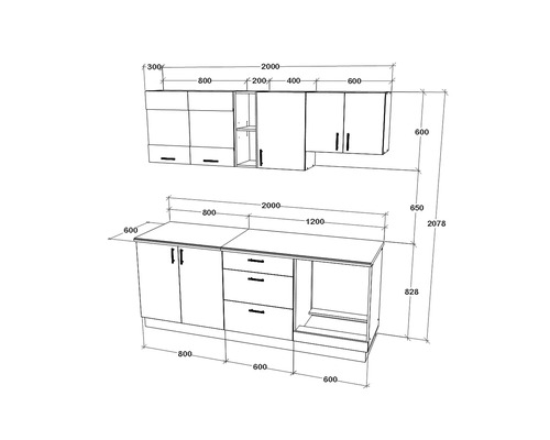Desen tehnic al unui corp de bucătărie cu dimensiuni.