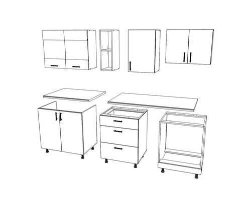 Schiță a unui set de bucătărie cu dulapuri superioare și inferioare, precum și blaturi