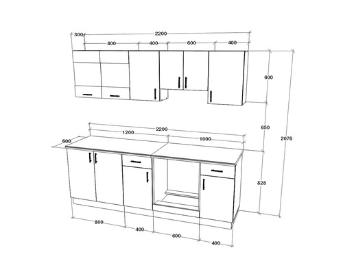 Desen tehnic al unui set de bucătărie cu dimensiuni