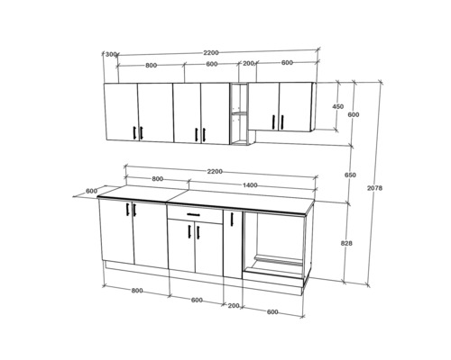 Schiță de bucătărie cu dimensiuni