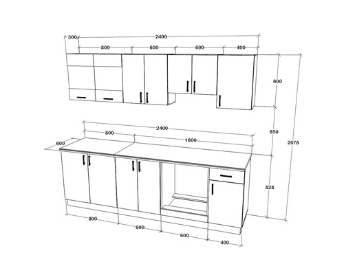 Schiță de bucătărie cu dimensiuni pentru planificarea bucătăriei