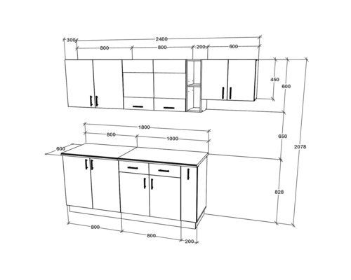 Schiță a unui corp de bucătărie cu dimensiuni.