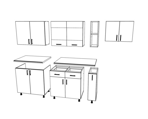 Linie de bucătărie cu dulapuri suspendate, dulapuri inferioare și blaturi
