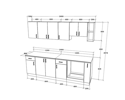 Schiță a unui corp de bucătărie cu dulapuri suspendate și inferioare cu dimensiuni