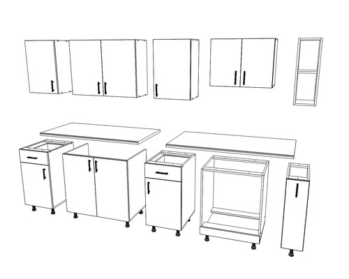 Ilustrație a unui bloc de bucătărie cu dulapuri superioare și inferioare și blaturi.