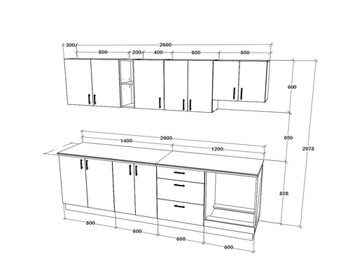 Schiță a unui corp de bucătărie cu dimensiuni.