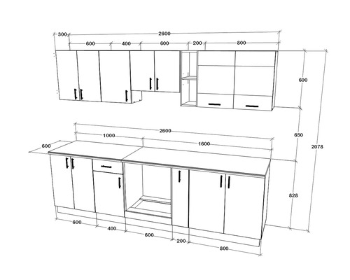 Schiță de bucătărie cu dimensiuni pentru planificare