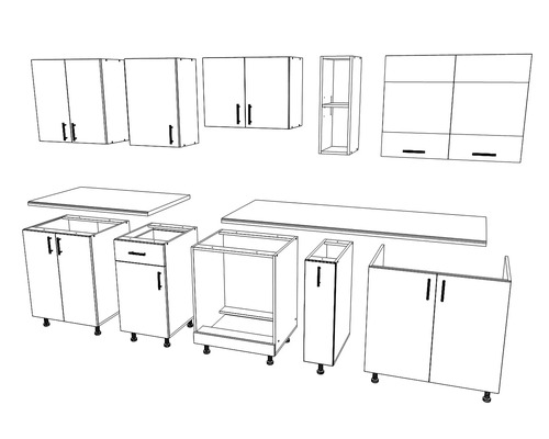 Schiță a unui set de bucătărie cu dulapuri superioare și inferioare