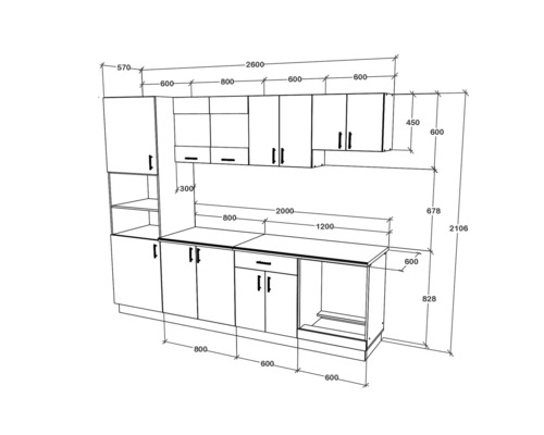 Schiță a unui set de bucătărie cu dimensiuni.