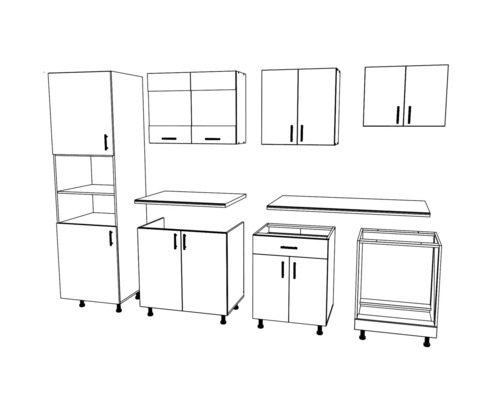 Set de mobilier de bucătărie cu corpuri inferioare, corpuri superioare și corp înalt