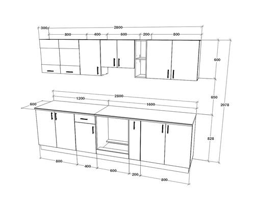 Schiță a unui corp de bucătărie cu dimensiuni.