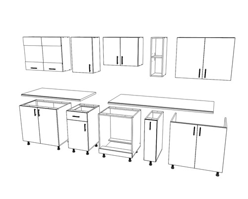 Ilustrație a unui sistem modular de bucătărie cu dulapuri superioare și inferioare