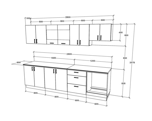 Ilustrație cu o linie de bucătărie cu dimensiuni.
