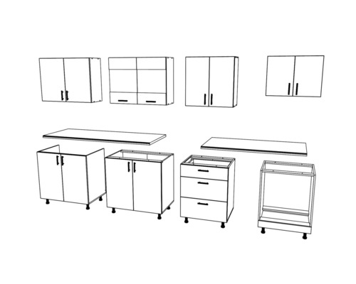 Reprezentare a unui corp de bucătărie cu dulapuri suspendate și inferioare.
