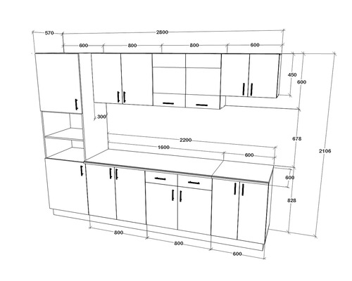 Schiță a unui corp de bucătărie cu dimensiuni