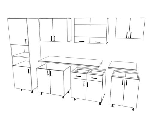 Schiță a unui set de bucătărie cu dulapuri inferioare, dulapuri superioare și blaturi