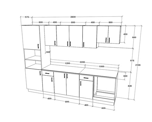 Schiță cu dimensiunile unui corp de bucătărie.