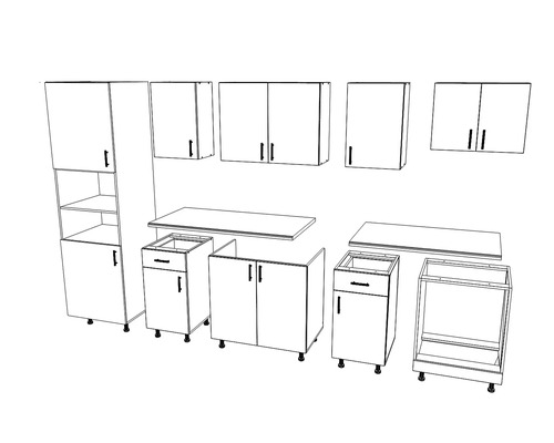Set mobilier de bucătărie cu corpuri suspendate și inferioare și blaturi de lucru