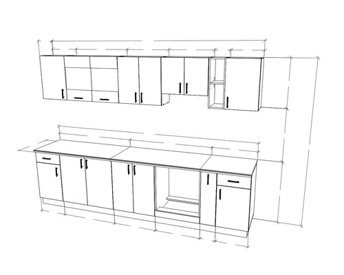 Schiță a unui corp de bucătărie cu dulapuri superioare și inferioare