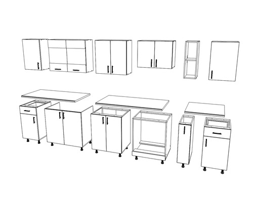 Reprezentare a unui corp de bucătărie cu dulapuri inferioare, blaturi și dulapuri superioare.