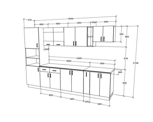Schiță a unei bucătării cu dimensiuni