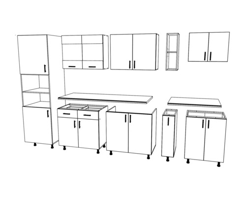 Schiță a unui corp de bucătărie cu dulapuri, rafturi și blaturi.