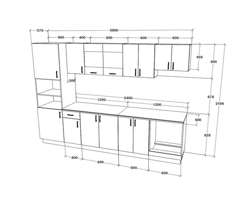 Schiță a unei bucătării complete cu dimensiuni