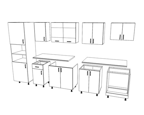 Ilustrație a unui corp de bucătărie cu dulapuri superioare și inferioare și blaturi de lucru