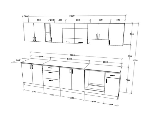 Schiță a unui corp de bucătărie cu dimensiuni.
