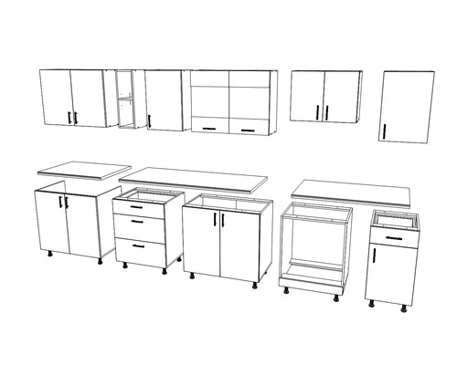 Schiță a unui bloc de bucătărie cu dulapuri superioare și inferioare și blaturi de lucru