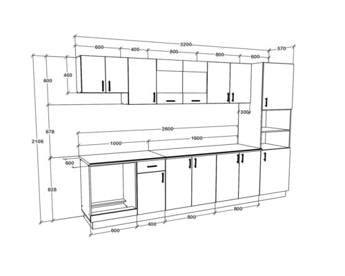 Schiță de bucătărie cu dimensiuni pentru planificarea bucătăriei