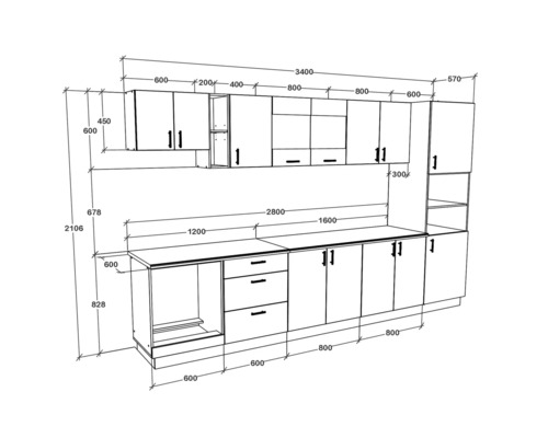 Schiță de bucătărie cu dimensiuni pentru planificare