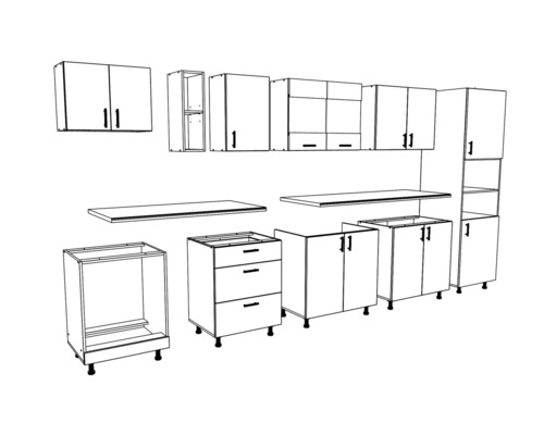 Ilustrație a unui set de bucătărie cu dulapuri superioare și inferioare