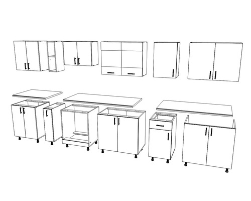 Set de mobilier de bucătărie, constând din corpuri superioare și inferioare cu blaturi