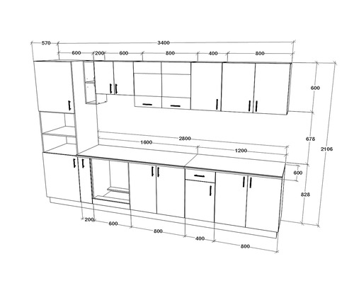 Schiță a unui corp de bucătărie cu dimensiuni pentru planificare și montaj