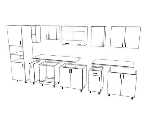 Schiță a unui set de bucătărie cu diverse dulapuri și blaturi.