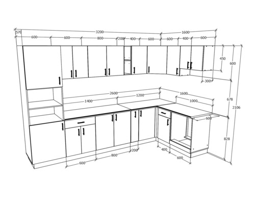 Ilustrație cu o bucătărie cu dimensiuni.