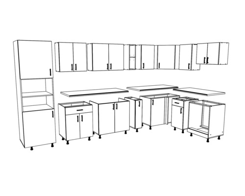 Ilustrație a unei unități de bucătărie cu dulapuri superioare și inferioare, precum și rafturi.
