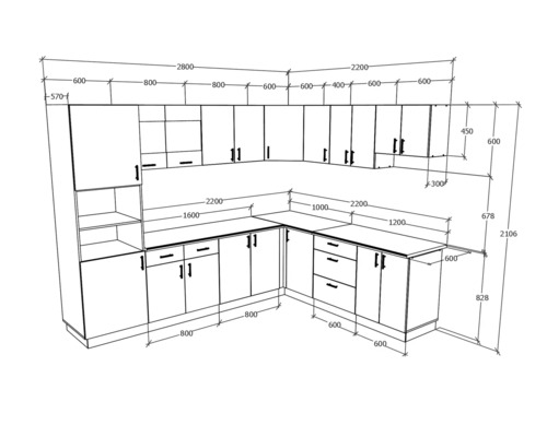 Schiță a unei bucătării încorporate cu dimensiuni