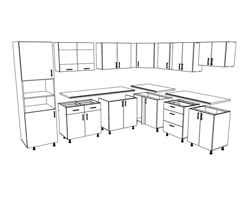 Ilustrație a unei amenajări de bucătărie modulare cu dulapuri superioare și inferioare