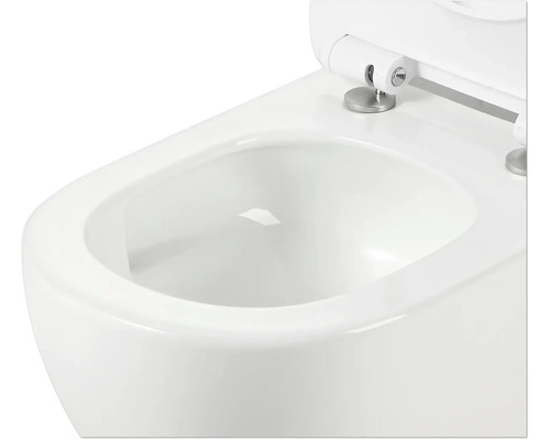 WC suspendat cu spălare adâncă, din ceramică sanitară, cu margine de spălare deschisă și capac de WC