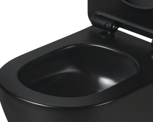 Toaletă suspendată neagră cu capac deschis