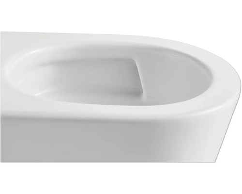 Prim-plan cu un vas de toaletă fără margine.