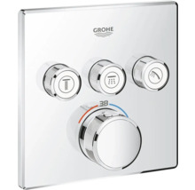 Logo Grohe. Baterie termostatică aparentă cu trei regulatoare pentru duș și regulator de temperatură cu marcaj de 38 grade.