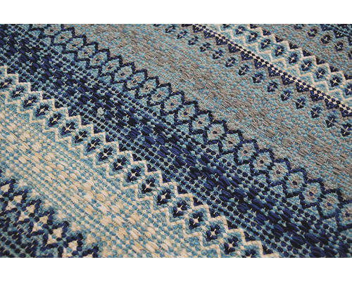 Imagine detaliată a unui covor cu modele geometrice în diferite nuanțe de albastru și gri