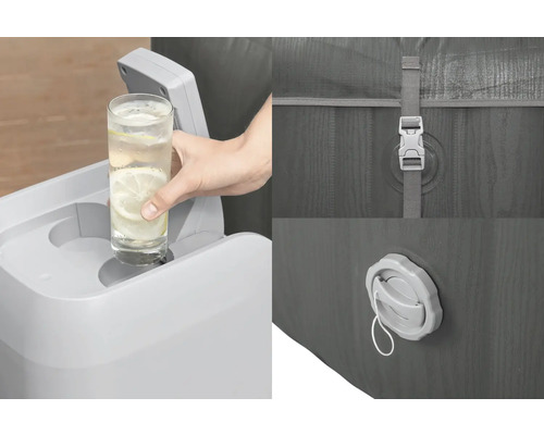 Vederi detaliate ale unui jacuzzi gonflabil cu suport pentru băuturi, închidere și supapă